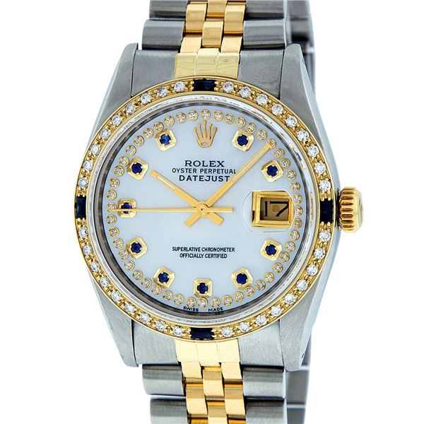 Rolex Men's Two Tone Mother Of Pearl Diamond & Sapphire Datejust Wristwatch