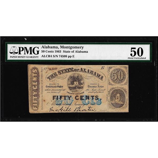 1863 Fifty Cents State of Alabama Montgomery Obsolete Note PMG About Uncirculated 50