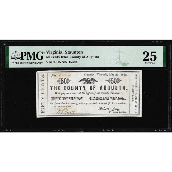 1862 Fifty Cents Count of Augusta Obsolete Note PMG Very Fine 25