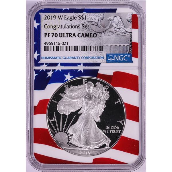 2019-W $1 Proof American Silver Eagle Coin NGC PF70 Ultra Cameo Congratulations Flag