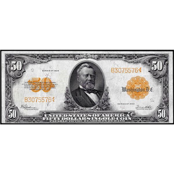 1922 $50 Gold Certificate Note