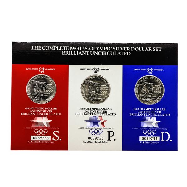 Set of 1983-P/D/S Brilliant Uncirculated 1983 $1 Olympic Silver Dollar Coins