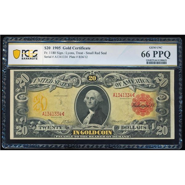 1905 $20 Technicolor Gold Certificate Note Fr.1180 PCGS Gem Uncirculated 66PPQ