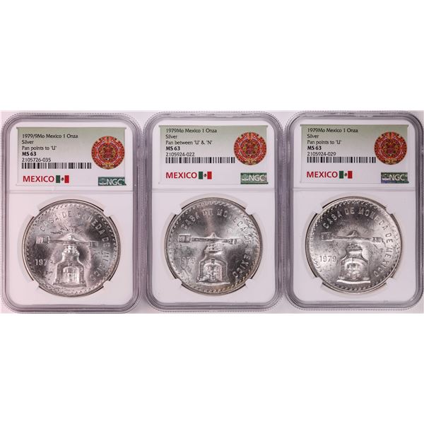 Lot of (3) 1979Mo Mexico 1 Onza Silver Coins NGC MS63