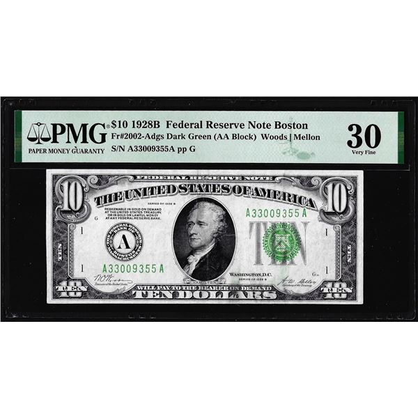 1928B $10 Federal Reserve Note Boston Fr.2002-A PMG Very Fine 30