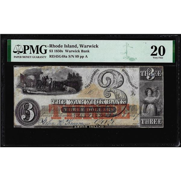 1850's $3 The Warwick Bank Warwick, Rhode Island Obsolete Note PCGS Very Fine 20