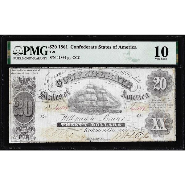 1861 $20 Confederate States of America Note T-9 PMG Very Good 10