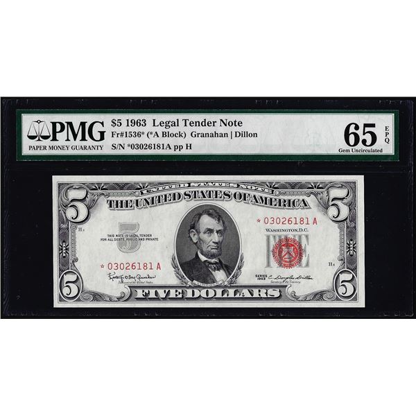 1963 $5 Legal Tender Star Note Fr.1536* PMG Gem Uncirculated 65EPQ