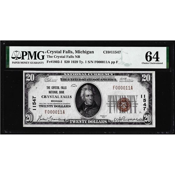 1929 $20 Crystal Falls National Bank Michigan Note CH# 11547 PMG Ch. Uncirculated 64