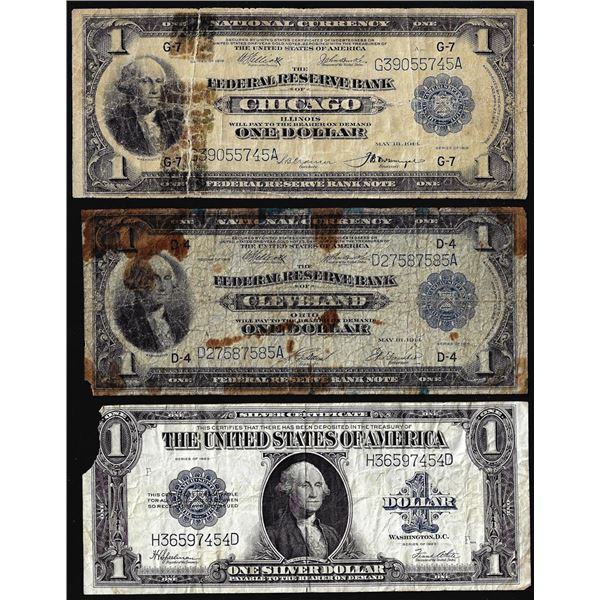 Lot of (3) Large Size U.S. $1 Federal Reserve and Silver Certificate Notes