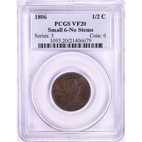 1806 Small 6 No Stems Draped Bust Half Cent Coin PCGS VF20