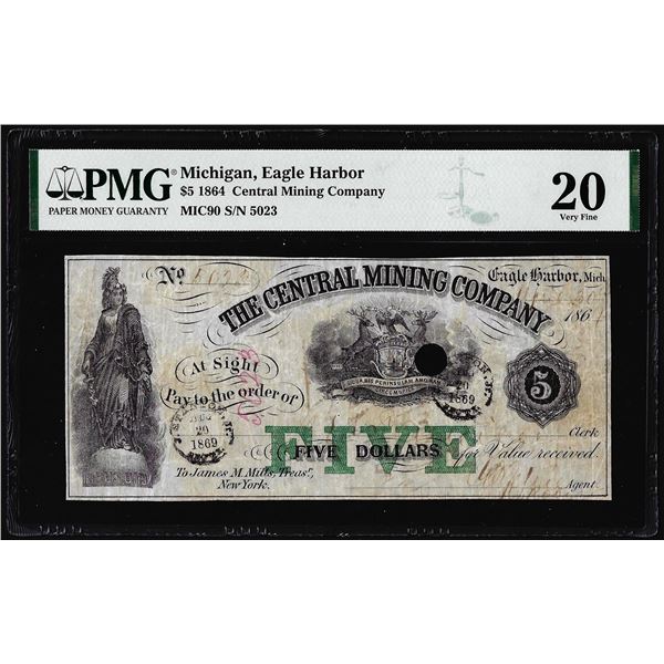 1864 $5 Central Mining Company Eagle Harbor, Michigan Obsolete Note PMG Very Fine 20
