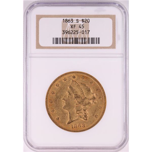1863-S $20 Liberty Head Double Eagle Gold Coin NGC XF45
