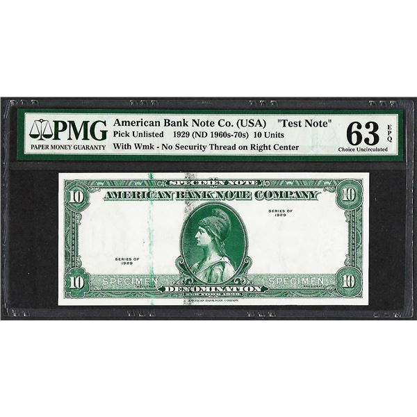 1929 10 Unit American Bank Note Co. "Test Note" PMG Choice Uncirculated 63EPQ