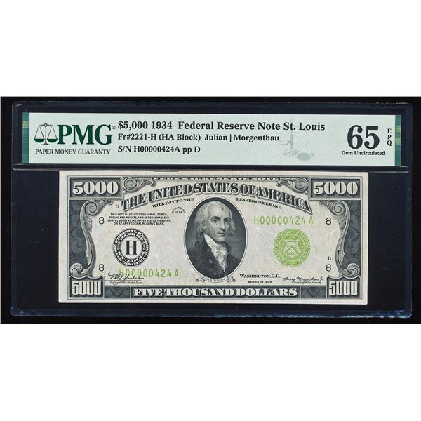 1934 $5,000 Federal Reserve Note St. Louis Fr.2221-H PMG Gem Uncirculated 65EPQ