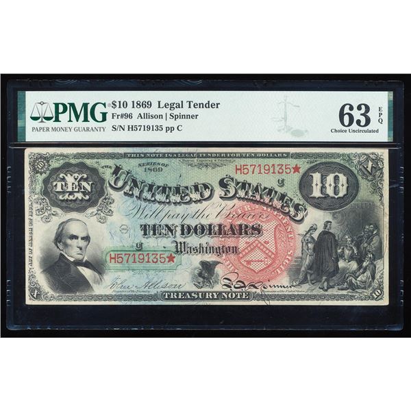 1869 $10 Rainbow Jackass Legal Tender Note Fr.96 PMG Choice Uncirculated 63EPQ