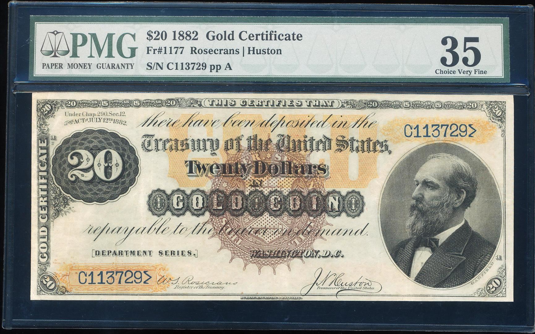 1882 $20 Gold Certificate Note Fr.1177 PMG Choice Very Fine 35