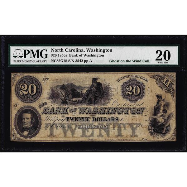 1850's $20 Bank of Washington North Carolina Obsolete Note PMG Very Fine 20