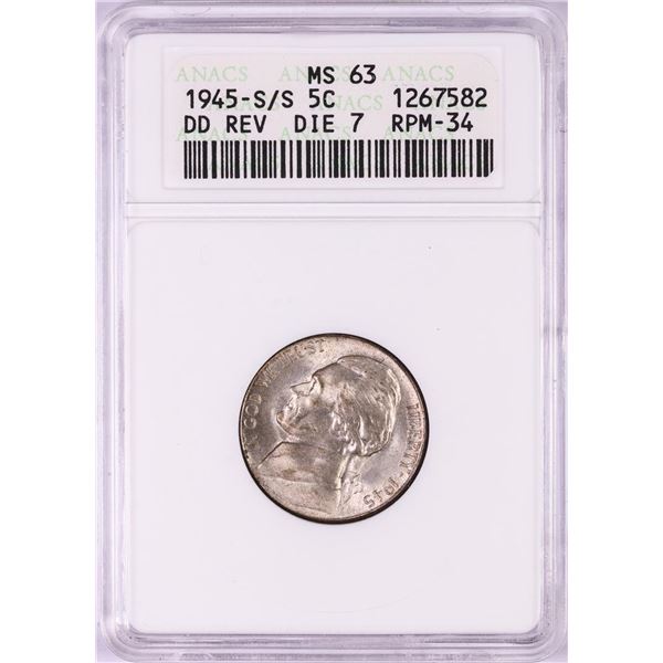 1945-S/S Double Die Reverse Jefferson Nickel Coin ANACS MS63 Die 7 RPM-34