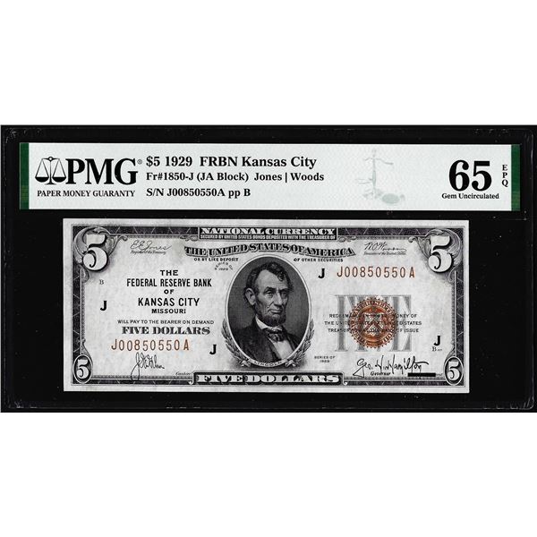 1929 $5 Federal Reserve Bank Note Kansas City Fr.1850-J PMG Gem Uncirculated 65EPQ