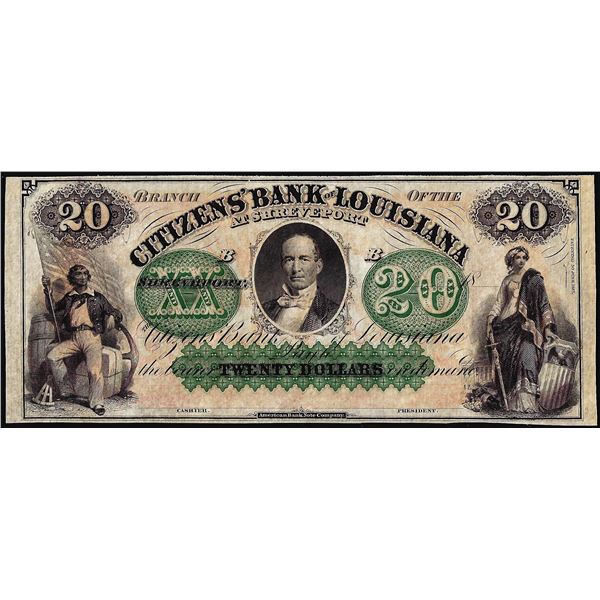 1800' $20 Citizens Bank Louisiana at Shreveport Obsolete Note