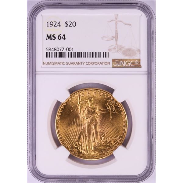 1924 $20 St. Gaudens Double Eagle Gold Coin NGC MS64