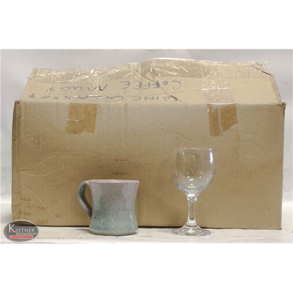 BOX OF ASSORTED WINE GLASSES / COFFEE MUGS