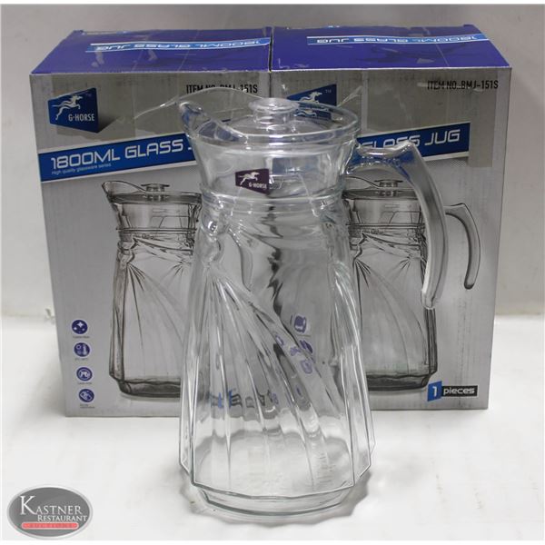 LOT OF 2 NEW 1800ML GLASS PITCHERS W/ LIDS