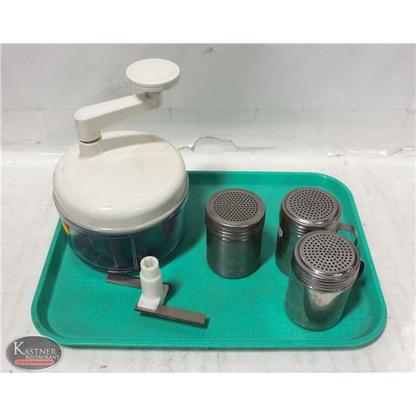 NEW FOOD CHOPPER  AND 3 S/S SPICE SHAKERS