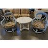 Image 2 : 2 RATTAN SWIVEL PATIO CHAIRS AND SMALL WOOD TABLE
