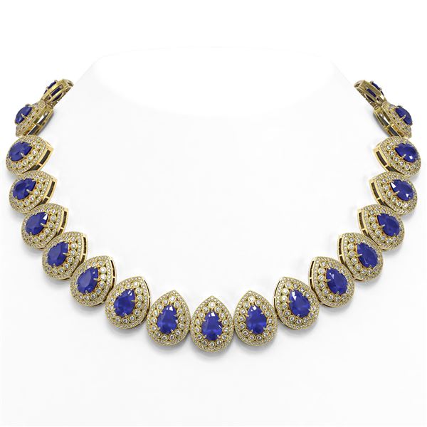 121.42 ctw Sapphire & Diamond Victorian Necklace 14K Yellow Gold - REF-3331G5W