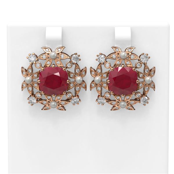12.23 ctw Ruby & Diamond with Pearl Earrings 18K Rose Gold - REF-343R6K