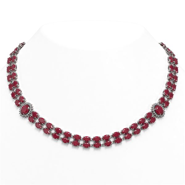 66.67 ctw Ruby & Diamond Necklace 14K White Gold - REF-718N2F