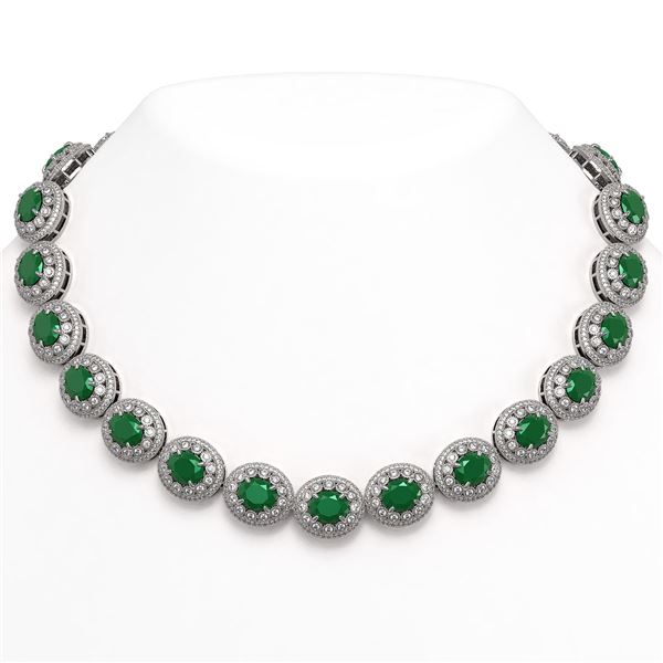 111.75 ctw Emerald & Diamond Victorian Necklace 14K White Gold - REF-3094A9N