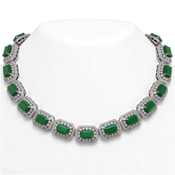 137.65 ctw Emerald & Diamond Victorian Necklace 14K White Gold - REF-3181X8A