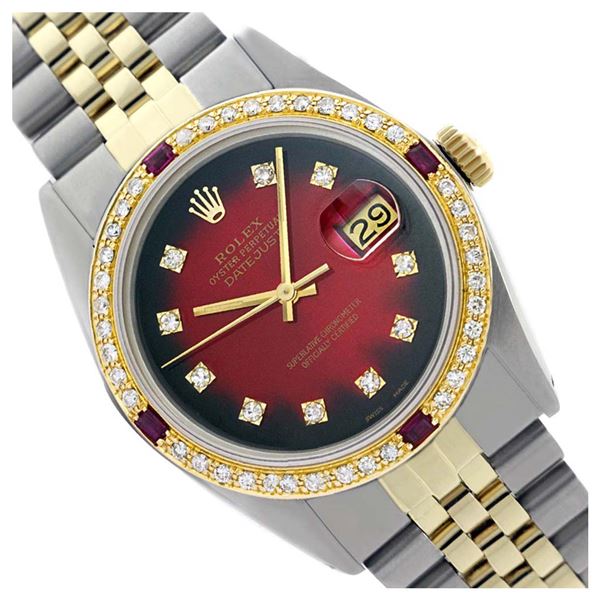 Rolex Men's Two Tone 14K Gold/SS, QuickSet, Diam Dial & Diam/Ruby Bezel - REF-557A2N