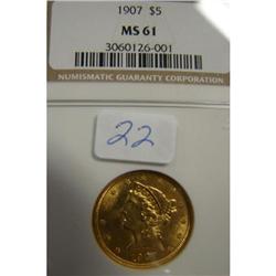 1907 $5 Liberty Head Gold NGC MS 61