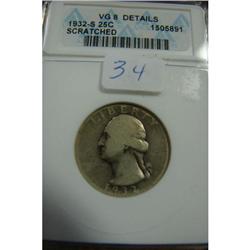 1932-S Washington Quarter ANACS VG 8 Detail Scratched