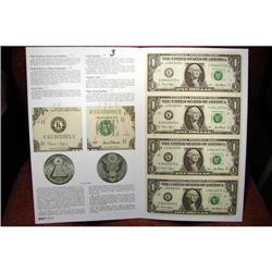 Uncut Sheet of 4 $1.00 Federal Reserve Notes in Folder CU