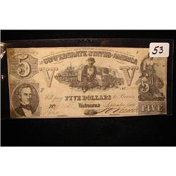 1861 $5.00 Confederate States Note XF