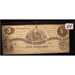 1861 $5.00 Confederate States Note XF