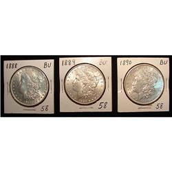 (3) Morgan Silver Dollars 1988, 1989, 1990 BU