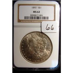 1892 Morgan Silver Dollar NGC MS 62
