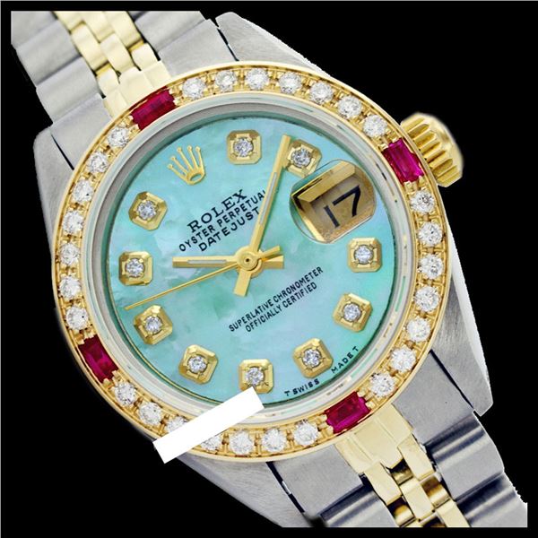 Rolex Ladies Two Tone 14K Gold/SS, Diam Dial & Diam/Ruby Bezel, Sapphire Crystal