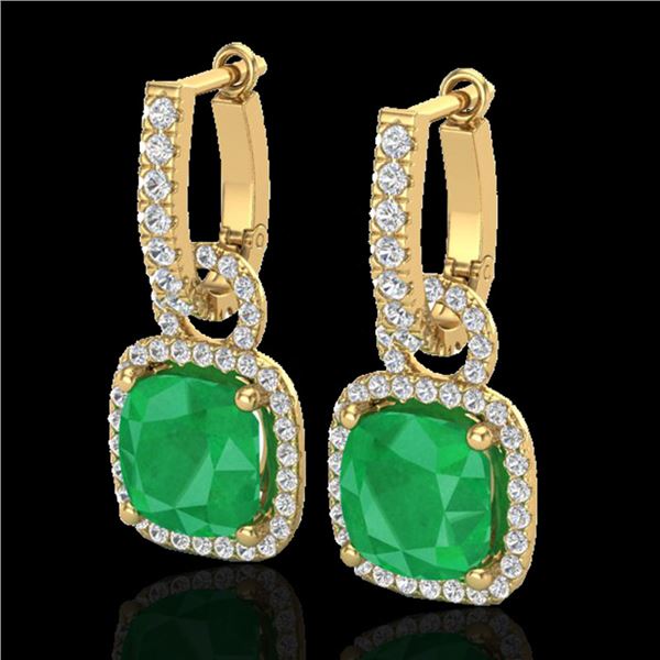 6 ctw Emerald & Micro Pave VS/SI Diamond Earrings 18k Yellow Gold - REF-125F5M