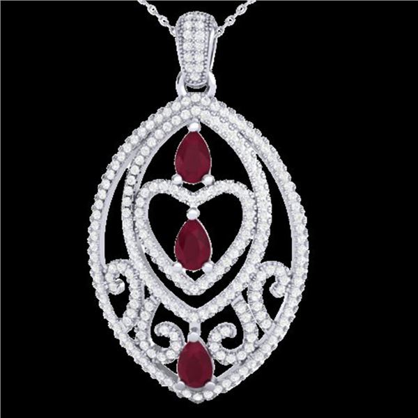 3.50 ctw Ruby & Micro Pave Diamond Heart Necklace 18k White Gold - REF-218H2R