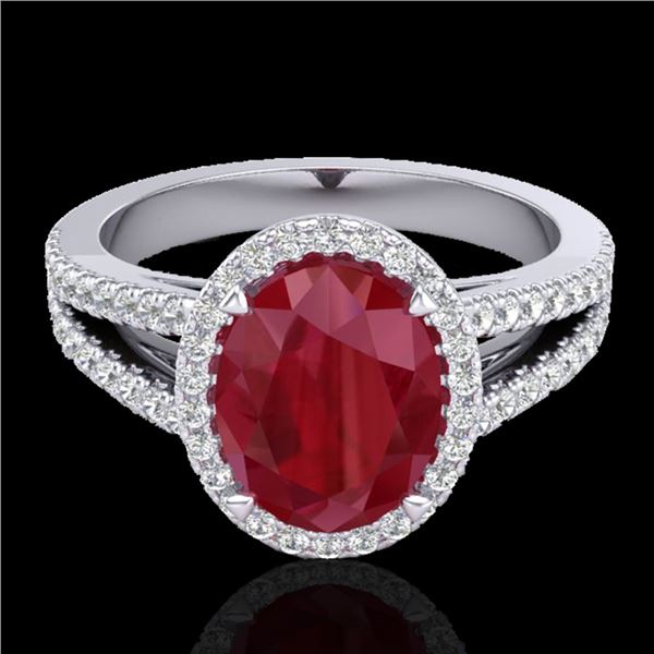 3 ctw Ruby & Micro Pave VS/SI Diamond Halo Ring 18k White Gold - REF-78M2G
