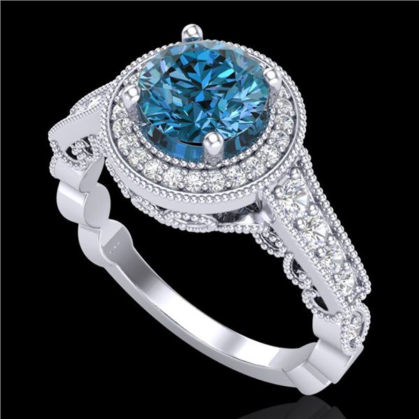 1.91 ctw Fancy Intense Blue Diamond Art Deco Ring 18k White Gold - REF-263W6H