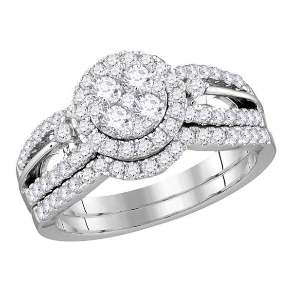 Diamond Cluster Bridal Wedding Ring Band Set 1 Cttw 14KT White Gold
