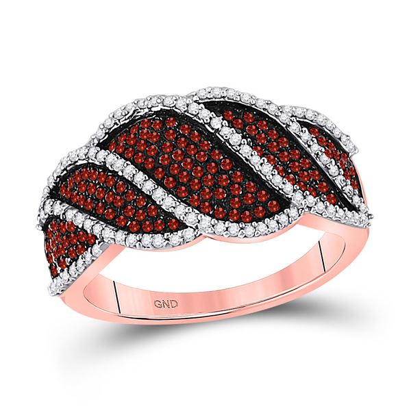Round Red Color Enhanced Diamond Striped Band Ring 3/4 Cttw 10KT Rose Gold